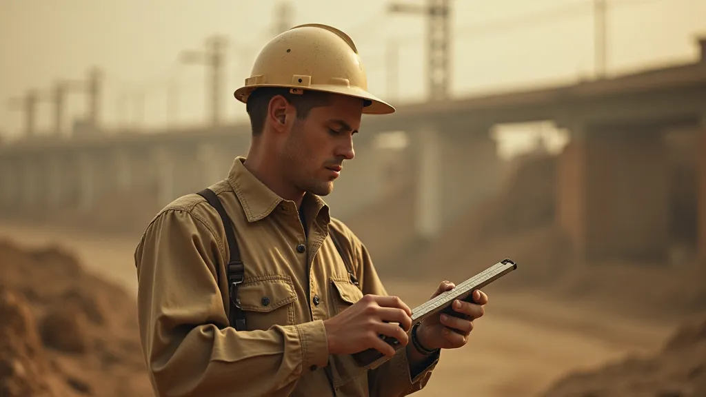 Civil engineer using a slide rule on a construction site