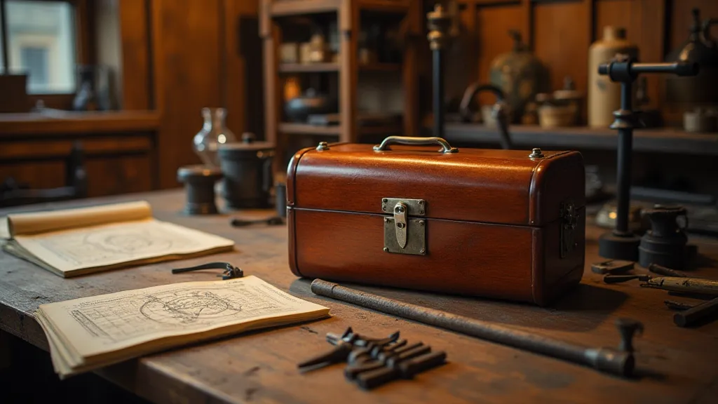 Vintage slide rule case on a workbench