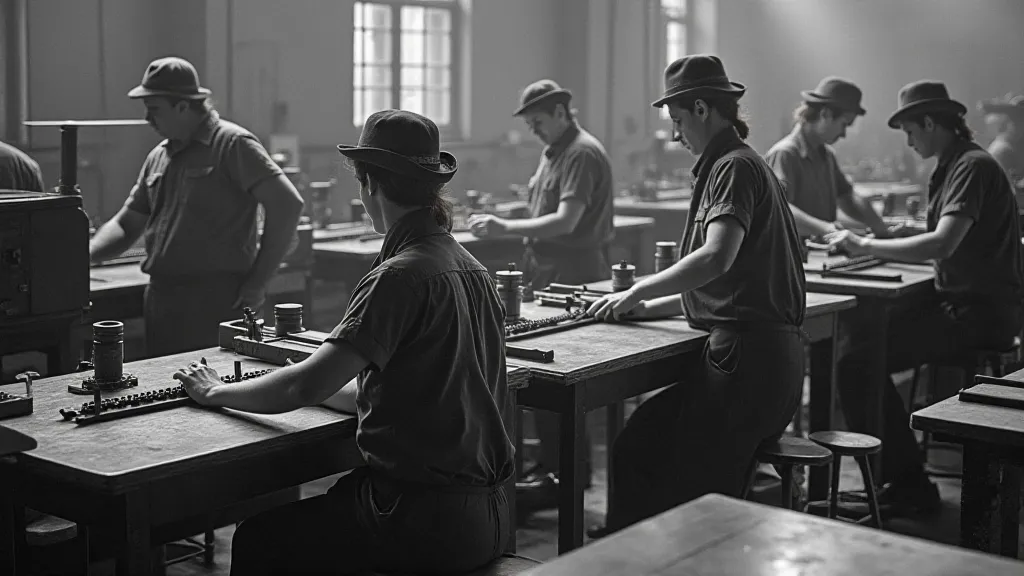 Workers assembling slide rules in a factory
