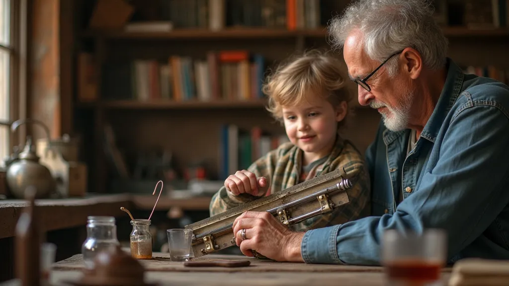 A child learning about a vintage slide rule from an older collector