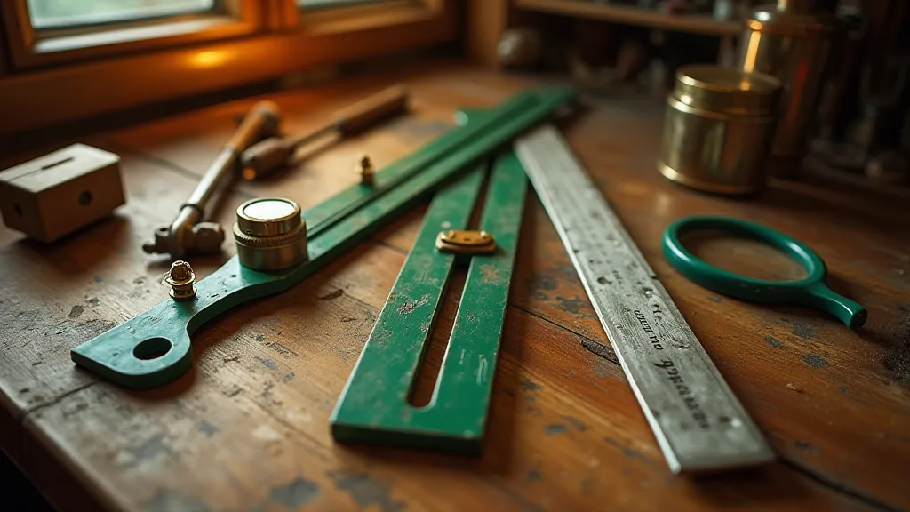 Vintage workbench with various slide rules